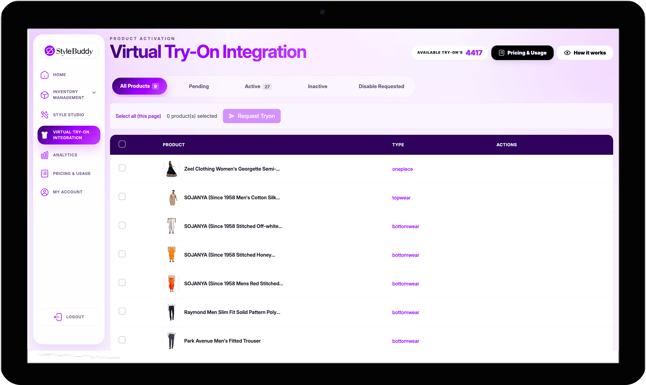 Virtual tryon dashboard